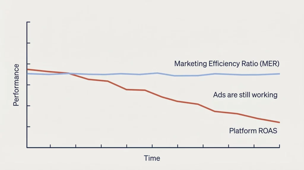 A dual line graph showing platform-reported ROAS declining over time while Marketing Efficiency Ratio holds steady, illustrating that ads are working even when dashboards suggest otherwise