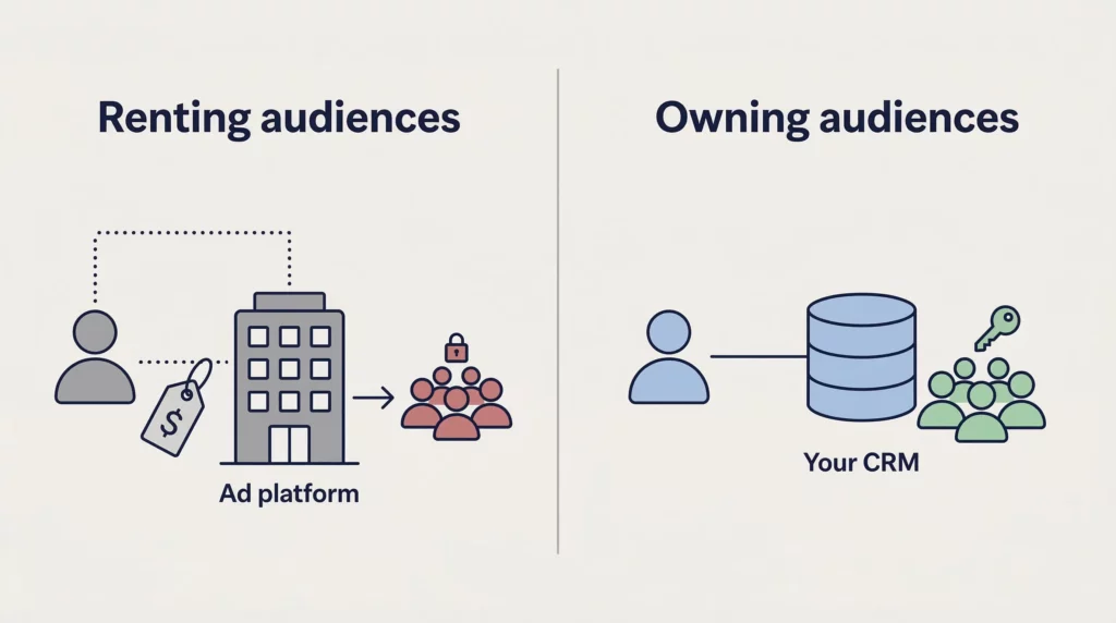 A contrast between renting audience access from ad platforms versus owning a first-party customer database directly