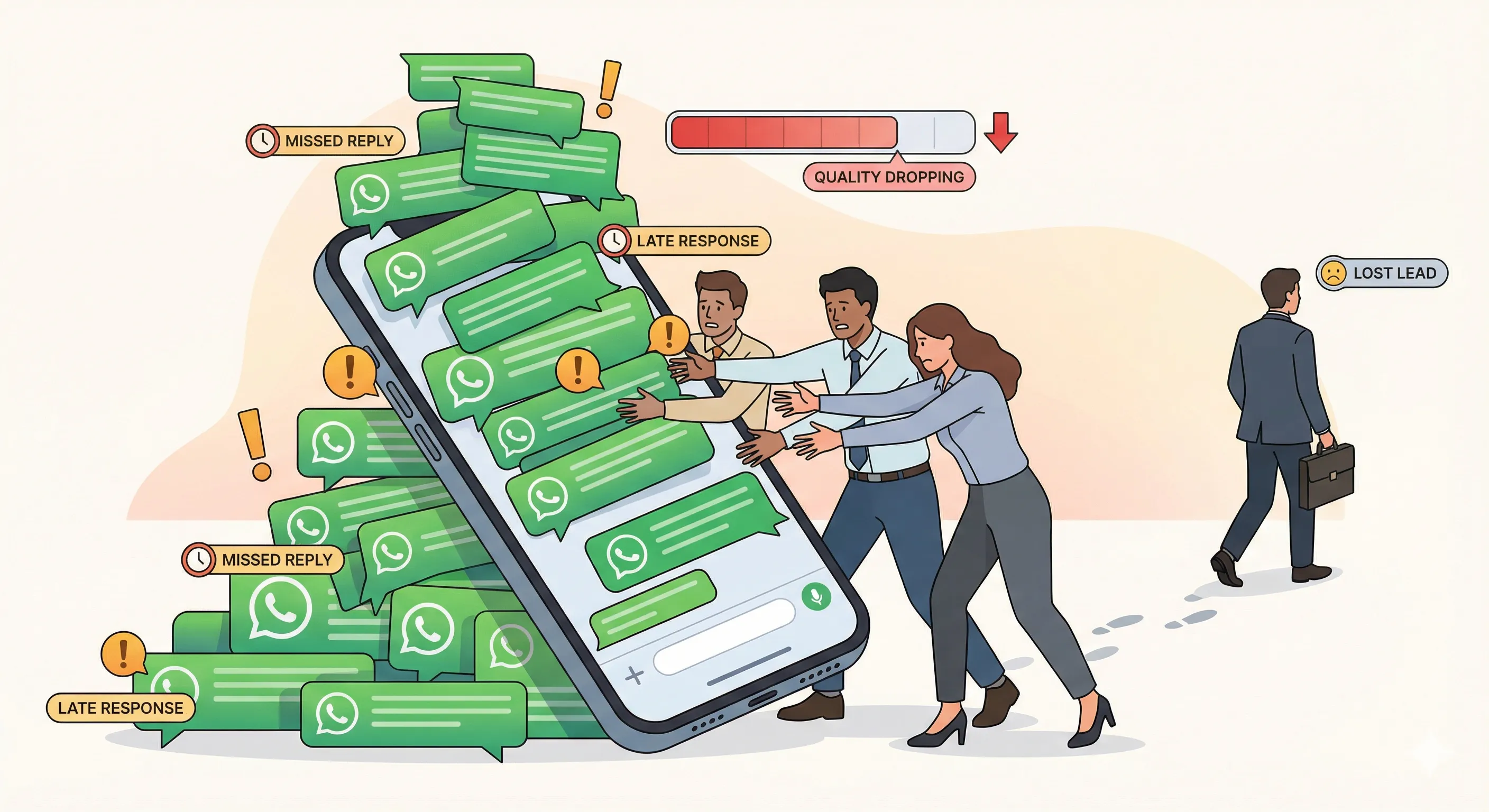 An overwhelmed smartphone overflowing with messages, team members crowding around it, and a lost lead walking away