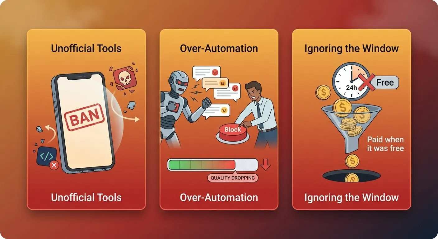 Three warning panels showing the most common WhatsApp automation mistakes — unofficial tools, over-automation, and ignoring the session window