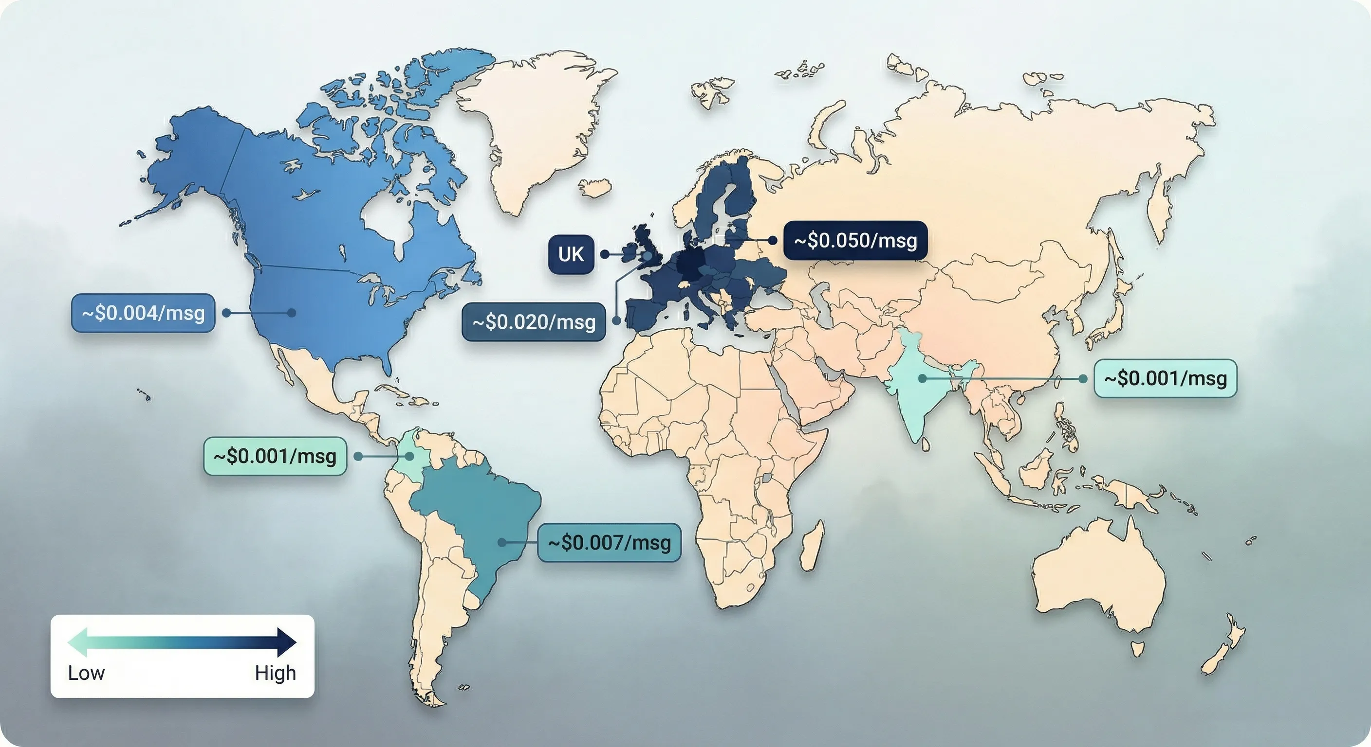 World map showing dramatic pricing differences for WhatsApp messages across regions, from low-cost India to high-cost Germany