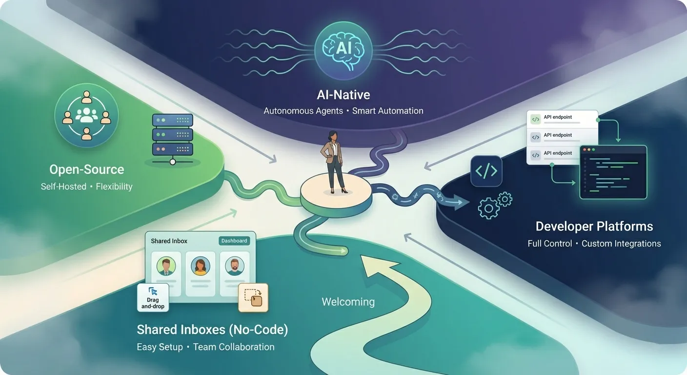 Four vendor zones — shared inboxes, developer platforms, open-source tools, and AI-native platforms — arranged as a landscape with a business owner in the centre