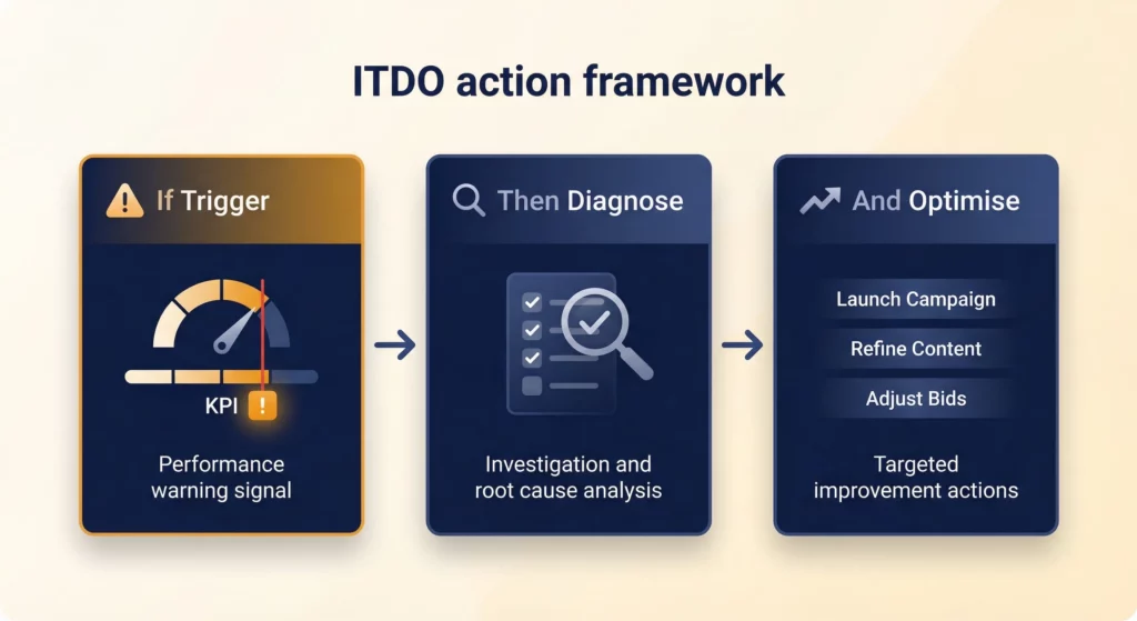 Three-part ITDO action framework diagram: If Trigger signals the need for action, Then Diagnose identifies the root cause, And Optimise applies a specific improvement tactic