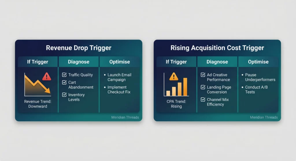 Two ITDO example cards for Meridian Threads showing revenue and acquisition cost triggers with corresponding diagnose and optimise steps