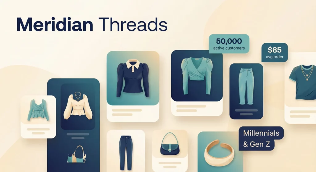 Illustration of Meridian Threads, a modern online clothing retailer targeting millennials and Gen Z, with fashion items and key business metrics
