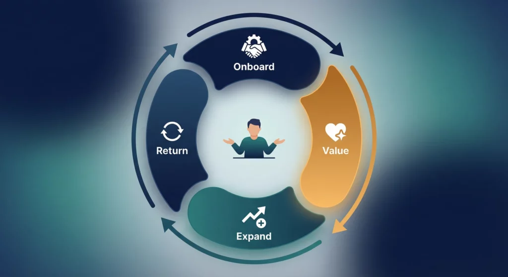 Circular diagram of the OVER post-conversion framework showing the four stages: Onboard, Value, Expand, and Return