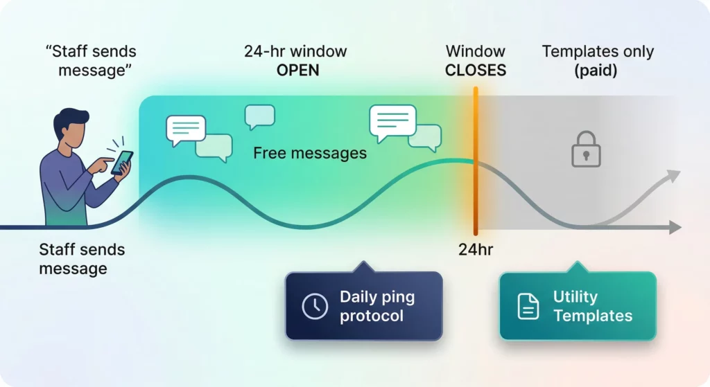 Timeline showing how the WhatsApp 24-hour session window opens and closes, and what happens at each stage