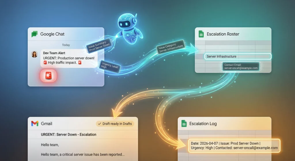 Dynamic Escalation Router concept showing a 🚨 emoji reaction triggering AI extraction, spreadsheet lookup, email draft, and incident log in one automated flow