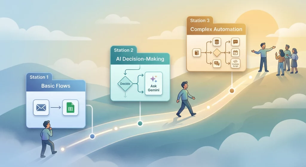 Training path journey showing progression from basic flows through AI decision-making skills to complex automation mastery