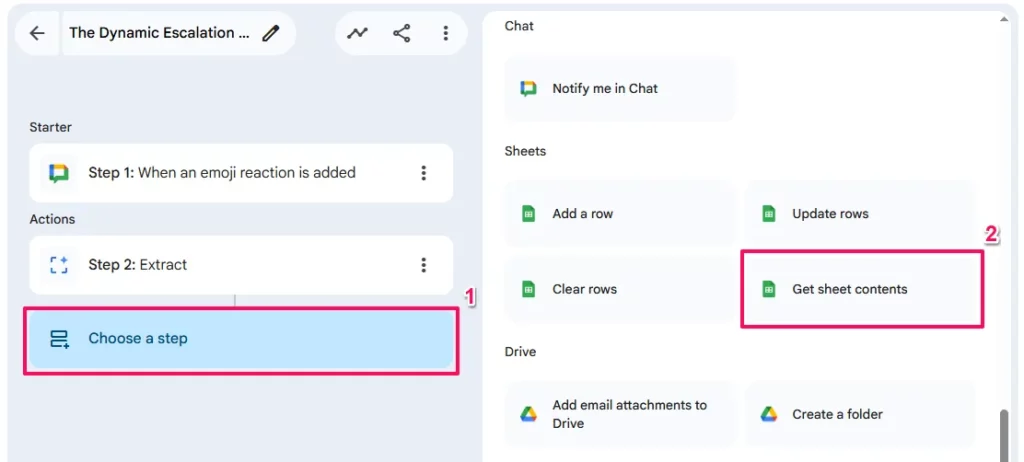 Google Workspace Studio interface showing how to add a Google Sheets action. Number 1 highlights a red box around the 'Choose a step' block in the left workflow panel. Number 2 highlights a red box around the 'Get sheet contents' option under the Sheets category in the right-hand menu.