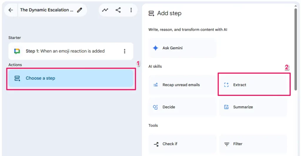 Google Workspace Studio interface showing how to add an action step. Number 1 highlights a red box around the 'Choose a step' block in the left workflow panel. Number 2 highlights a red box around the 'Extract' option under the 'AI skills' category in the right-hand menu.