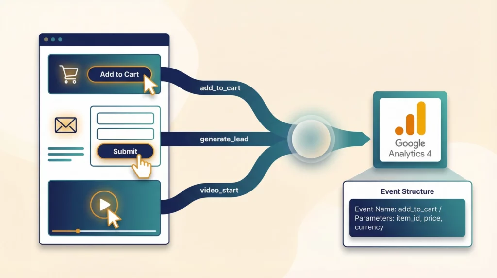 GA4 event-based tracking diagram showing website user interactions being captured as named events with parameters flowing into GA4