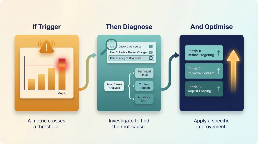 Three-part ITDO action framework: If Trigger signals a performance threshold crossed, Then Diagnose identifies the root cause, And Optimise applies specific improvement tactics