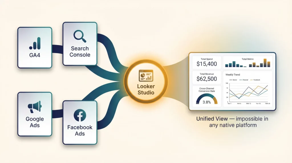 Cross-platform integration diagram showing multiple data sources — GA4, Search Console, Google Ads, Facebook Ads — converging into Looker Studio and producing a unified dashboard