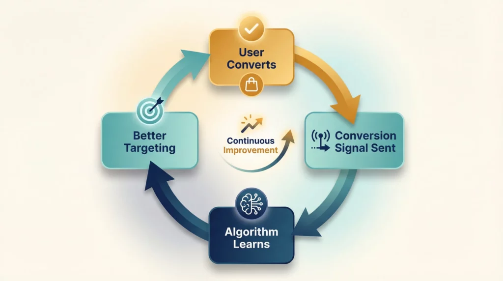 Circular feedback loop diagram showing how conversion tracking enables ad platform algorithms to continuously improve targeting and campaign performance
