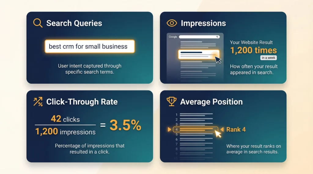 Google Search Console metrics breakdown showing Queries, Impressions, CTR, and Average Position with visual examples of each