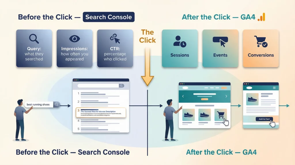 Timeline diagram showing Search Console capturing pre-click search data while GA4 tracks post-click website behaviour, with the two tools covering complementary halves of the user journey