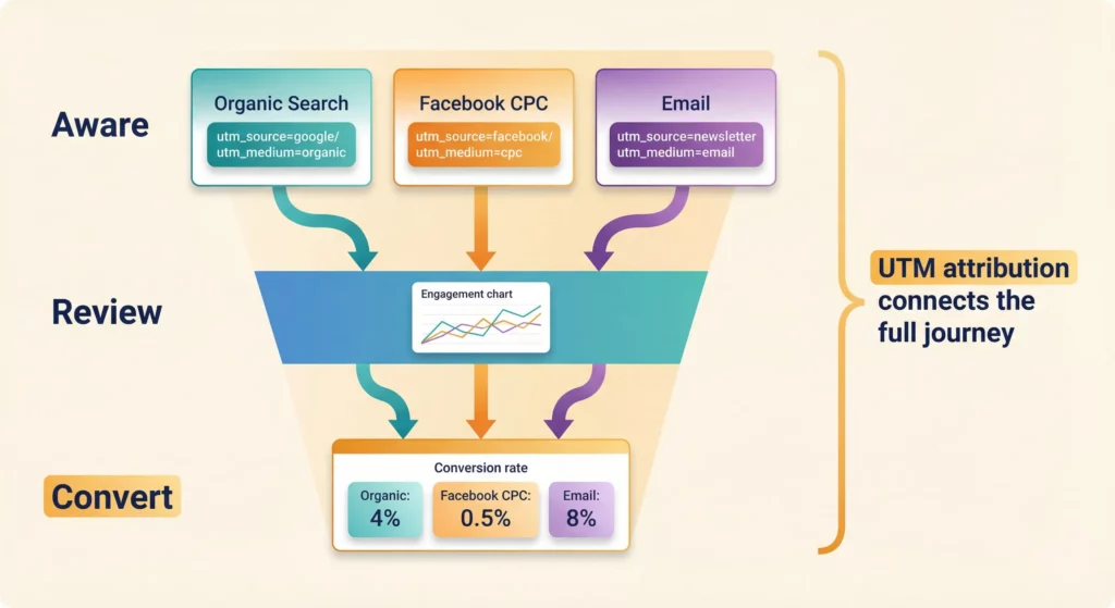 Diagram showing UTM parameters connecting Aware stage traffic sources through Review engagement to Convert outcomes, enabling complete funnel attribution