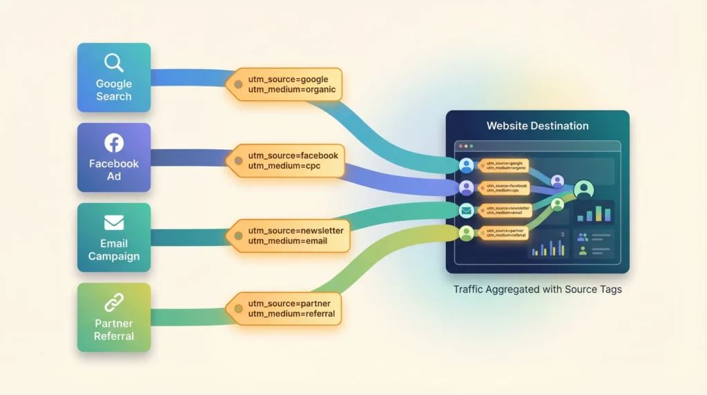 Diagram showing users arriving from multiple marketing channels — search, paid ads, email, and social — each tagged with UTM parameters that travel with them to the website