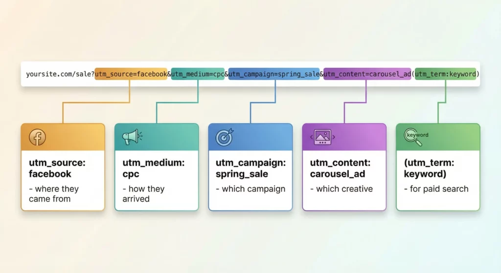 Anatomy diagram of a UTM-tagged URL with each parameter labelled and its purpose explained