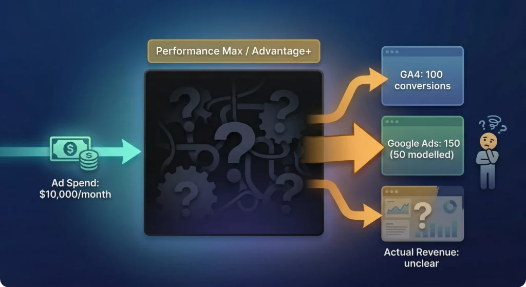A black box automation system receiving ad spend as input and producing conflicting, unexplained numbers as output, with no visible logic in between
