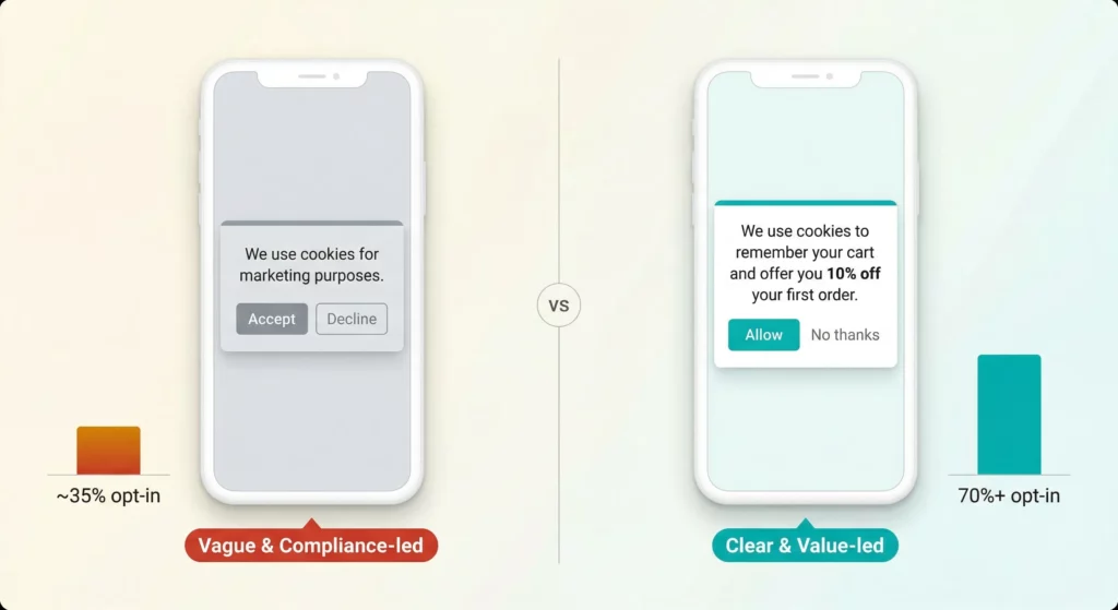 Two consent banner designs side by side — a vague, poorly worded banner achieving low opt-in versus a clear, value-led banner achieving high opt-in