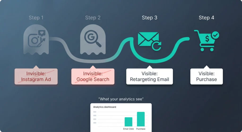 A four-step customer journey timeline where the first two touchpoints are invisible and ghosted, and only the final email and purchase are visible to the analytics dashboard