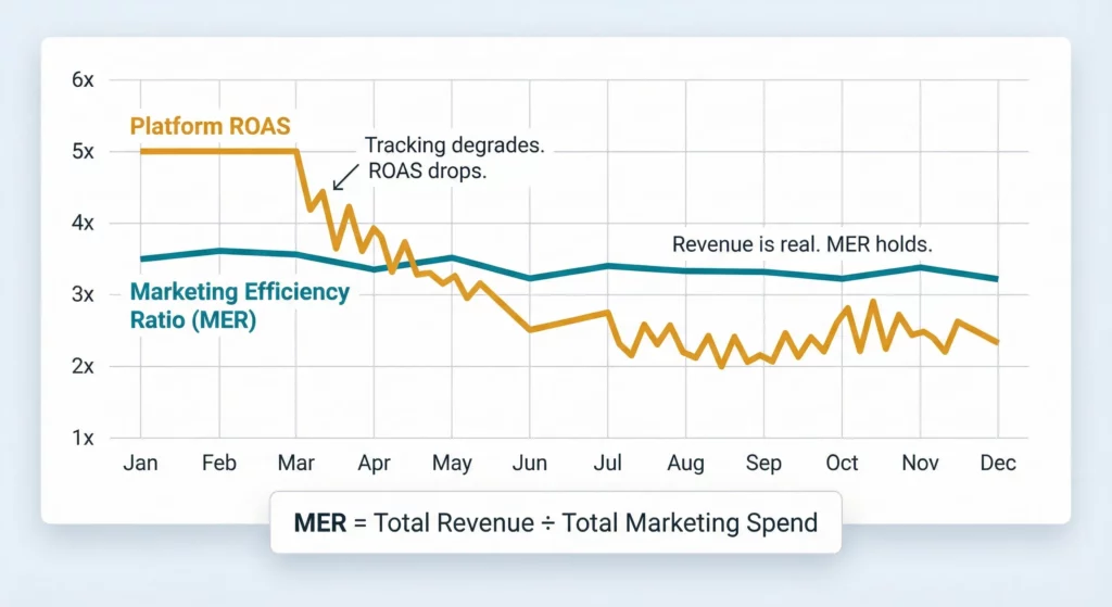 A dual line graph showing platform-reported ROAS declining over time while Marketing Efficiency Ratio holds steady, illustrating that ads are working even when dashboards suggest otherwise