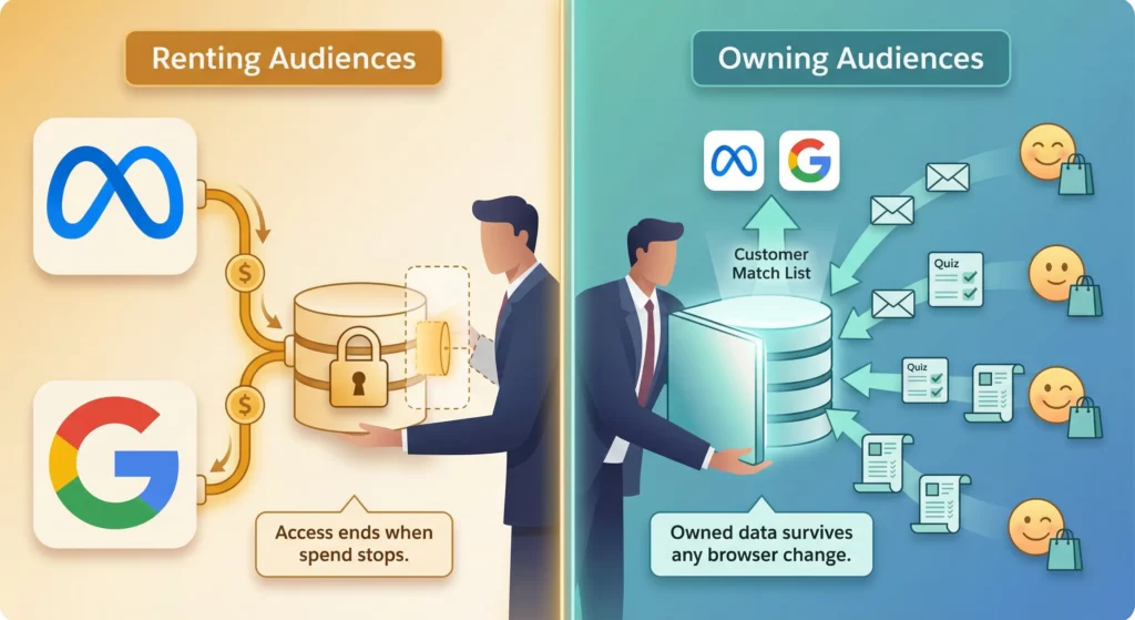 A contrast between renting audience access from ad platforms versus owning a first-party customer database directly