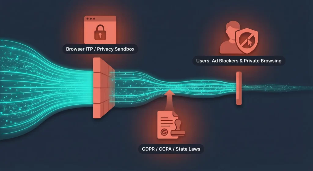 Three distinct forces blocking marketing data signals: browsers, privacy regulations, and users with ad blockers