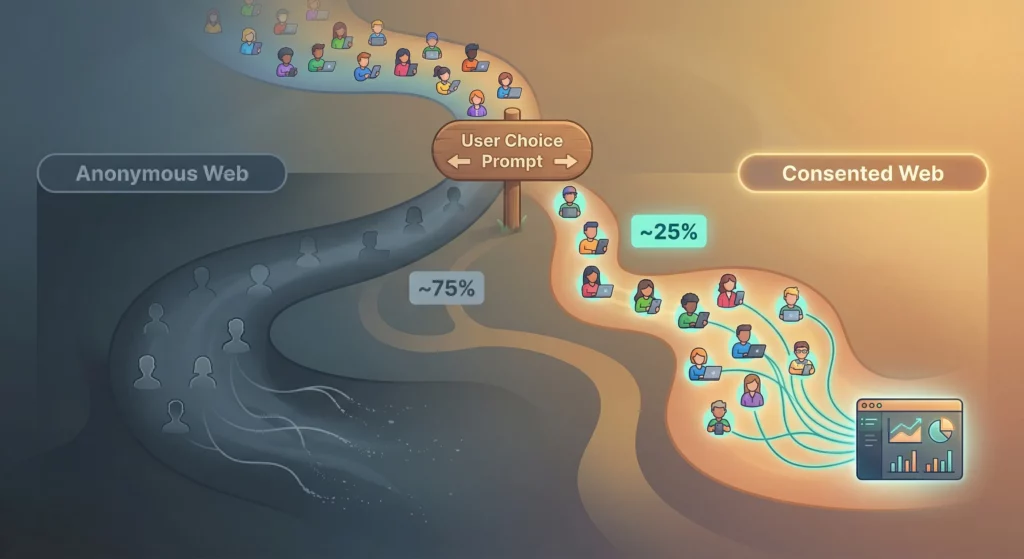 A crowd of website visitors splitting into two unequal streams — a small illuminated minority on the consented web and a large shadowed majority on the anonymous web