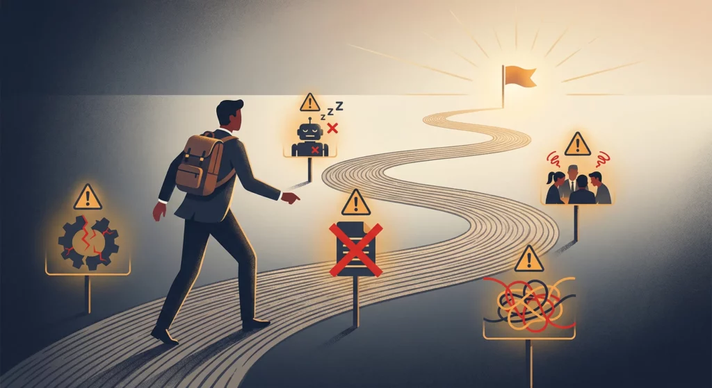 A business figure navigating a path toward a goal, stepping carefully around automation pitfalls marked by warning signs