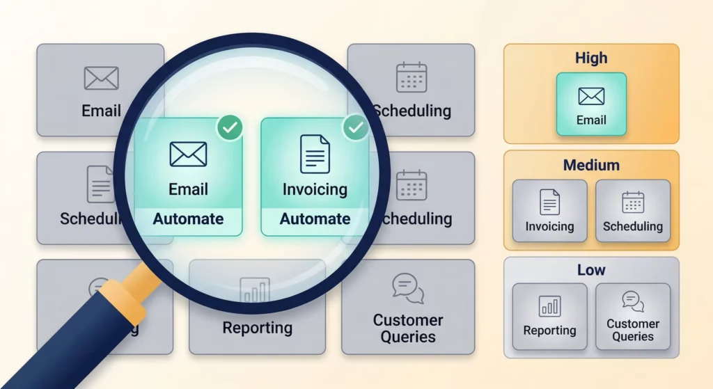 A magnifying glass examining business processes to identify automation opportunities, with some processes highlighted as candidates