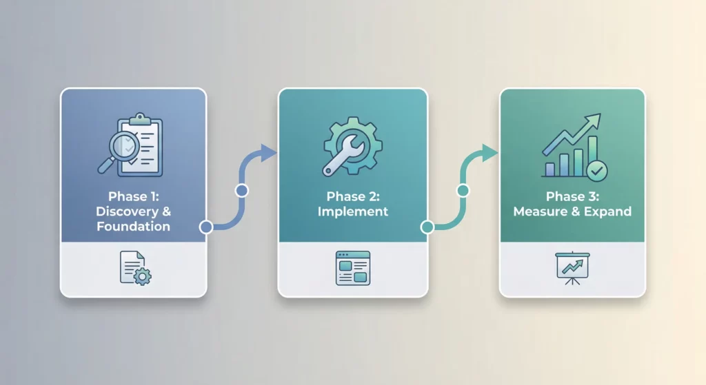 Three sequential phases of implementing automation: Discovery and Foundation, Implement First Win, then Measure Optimise Expand