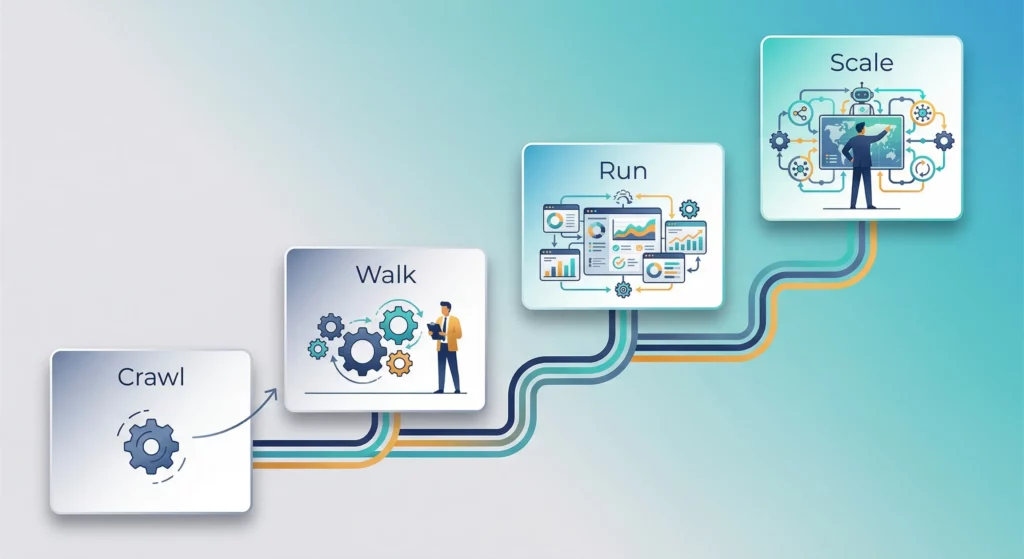 Four-stage maturity progression from Crawl to Scale, showing increasing automation sophistication at each stage