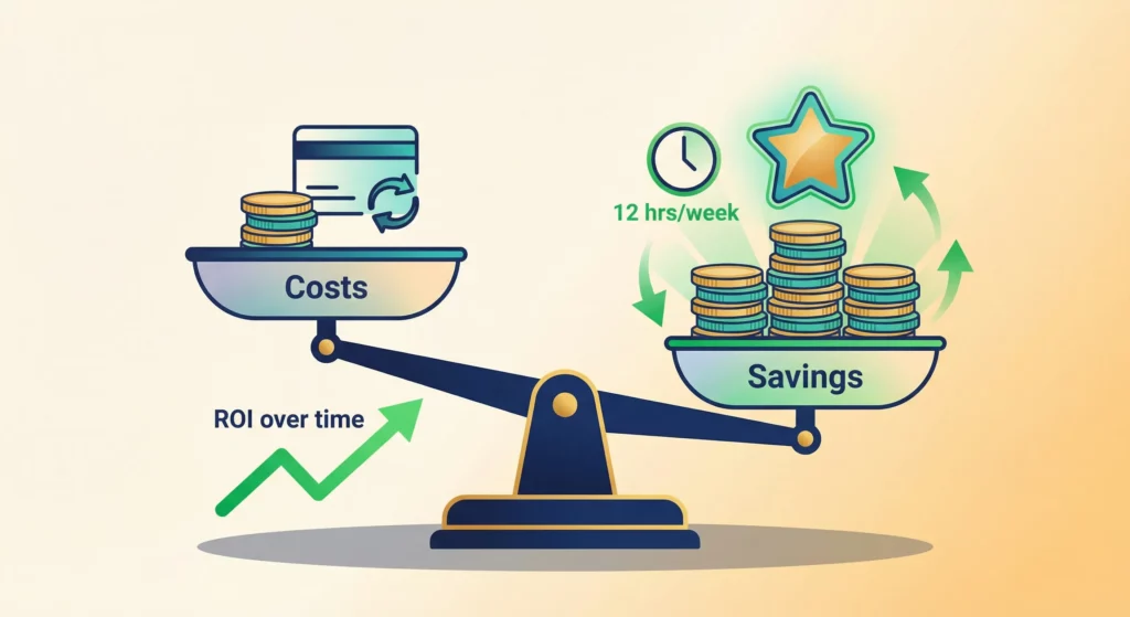 A balance scale weighing automation costs against savings, with the savings side clearly outweighing costs