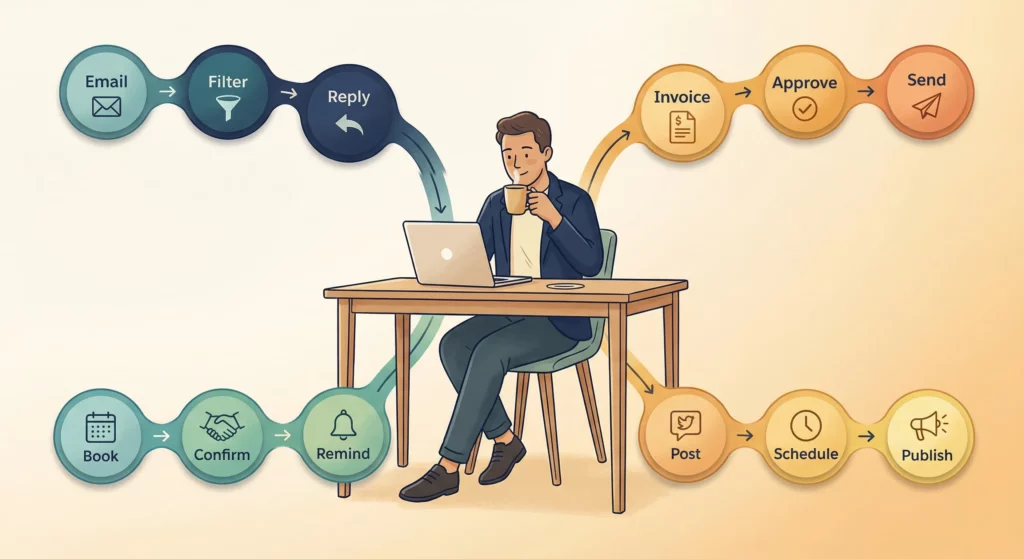 A solopreneur at a desk with multiple automated workflows running in the background, freeing them to focus on strategic work