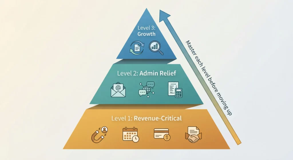 Three-level automation hierarchy for solopreneurs: revenue-critical work at the foundation, admin relief in the middle, growth and optimisation at the top