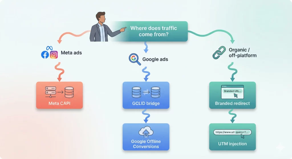 Decision flow from a traffic source question to the recommended tracking method for Meta, Google, and organic/off-platform traffic