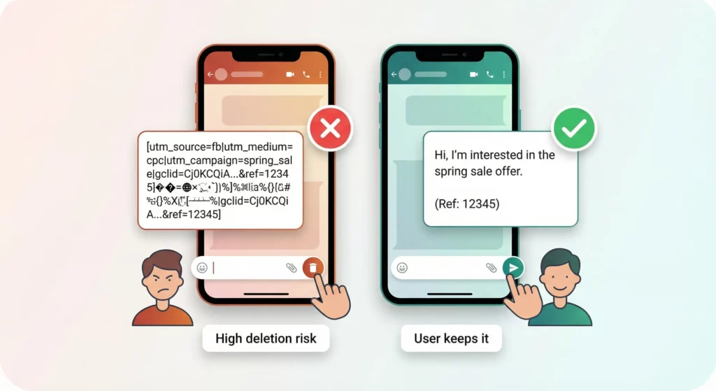 wo phones side by side showing raw tracking code with a high deletion risk versus a user-friendly framed version the user keeps and sends