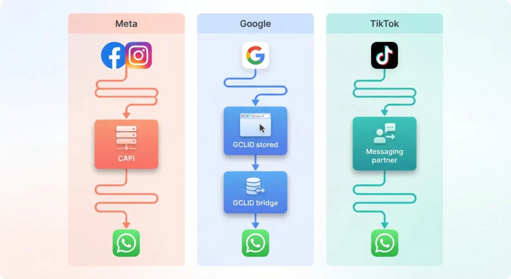 Three tracking flow columns for Meta, Google, and TikTok ads, each showing its own path into WhatsApp via a different tracking bridge