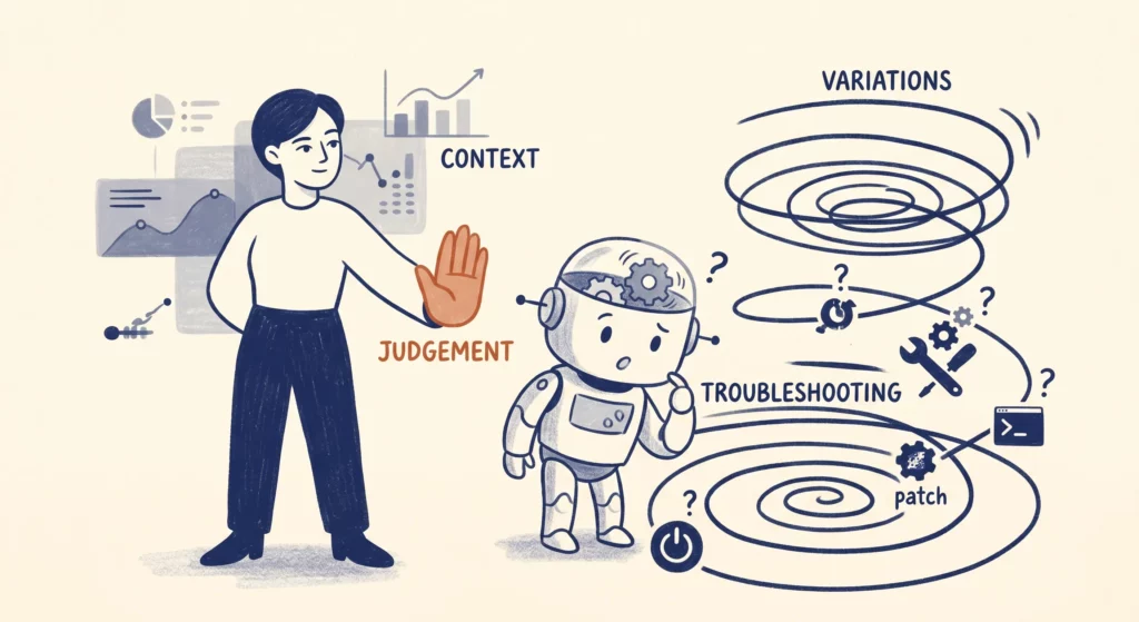 An AI trying one fix after another in a diagnostic loop, going in circles, while the person steps in to stop, back up, and rethink the approach.