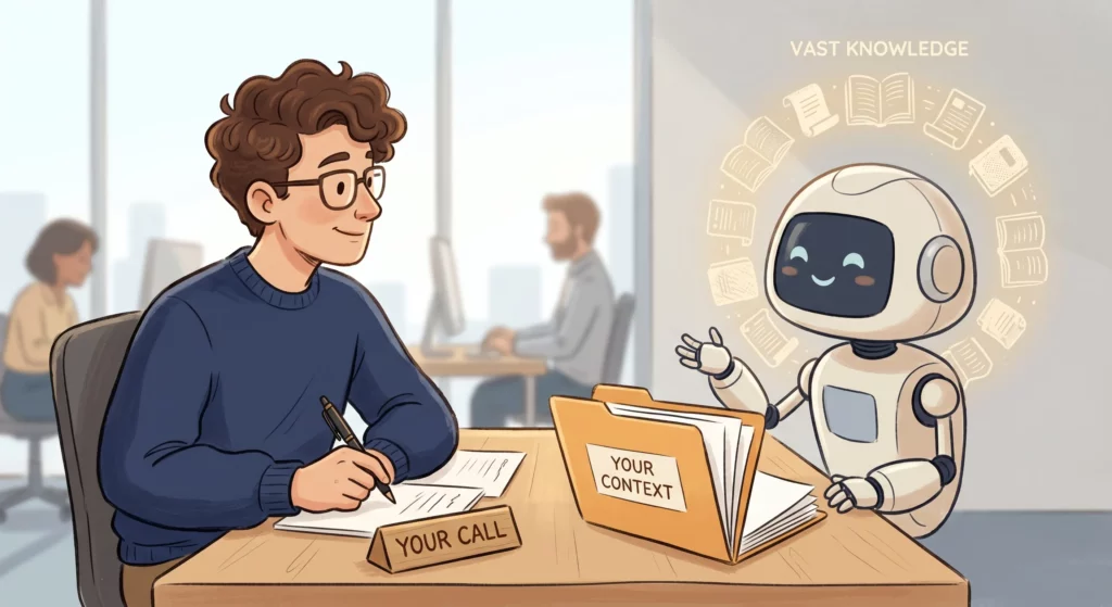 A person turning to an AI colleague at the next desk that has vast general knowledge but not yet their specific context, while the person remains the decision-maker.