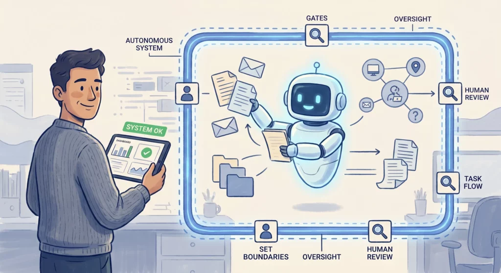 An autonomous AI system running tasks within a defined boundary with human-review gates, while a person oversees from a dashboard rather than driving each step.