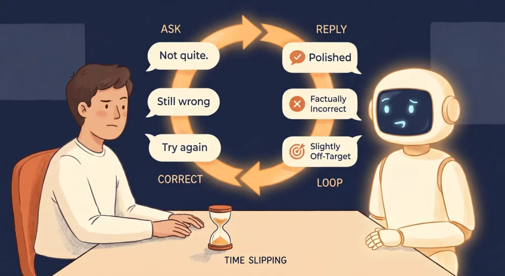 A person caught in a circular back-and-forth with AI, correcting the same answer repeatedly and ending where they started as time drains away.