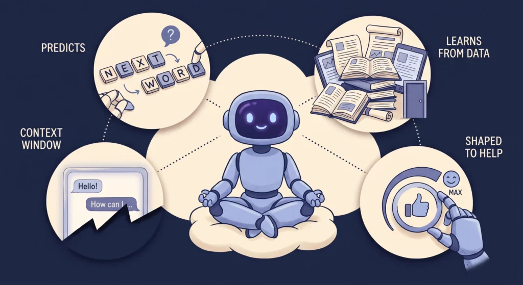 A friendly AI character surrounded by four small vignettes of its nature: it predicts rather than looks up, learns from data not experience, works within a finite context window, and is shaped to be helpful.