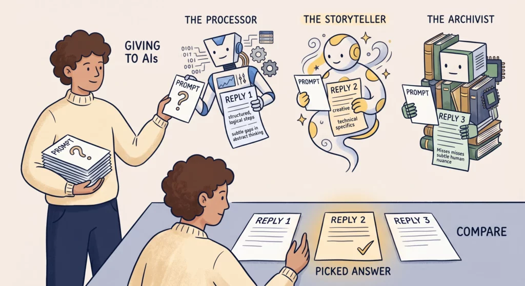 One prompt sent to several different AI models at once, their answers compared side by side as a hedge against any single model's confident wrongness.
