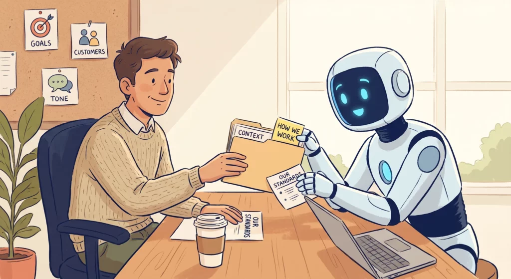 A person onboarding an AI like a new team member, handing over a context folder, a how-we-work note, and a standards sheet.