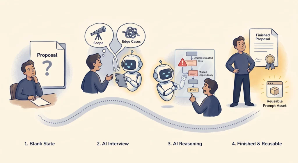 A single proposal task moving through the three moves — interviewed, stress-tested, packaged into a reusable prompt — ending as a finished proposal beside a reusable asset.