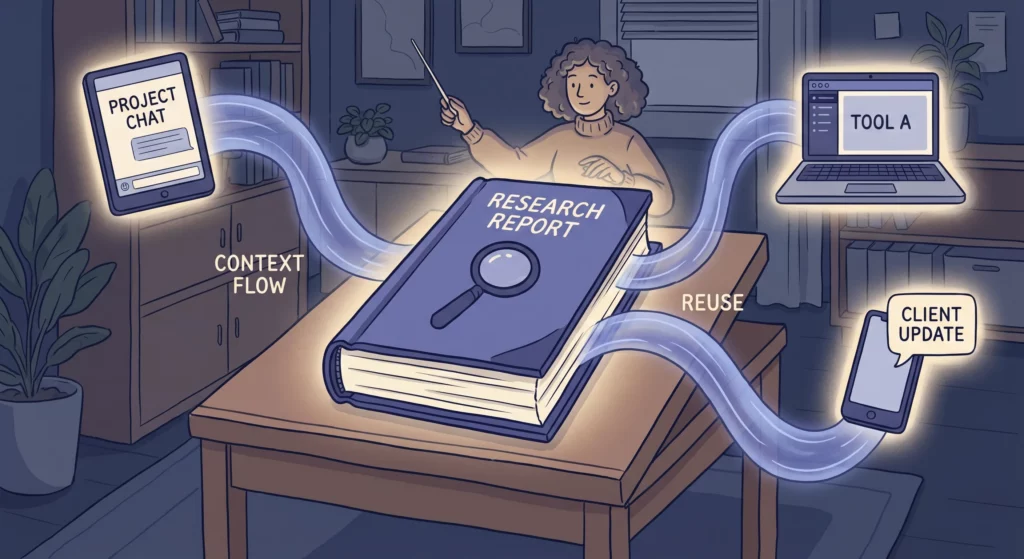 A single research report being reused as standing context, fed into several later conversations and tools so each starts from your background rather than from nothing.